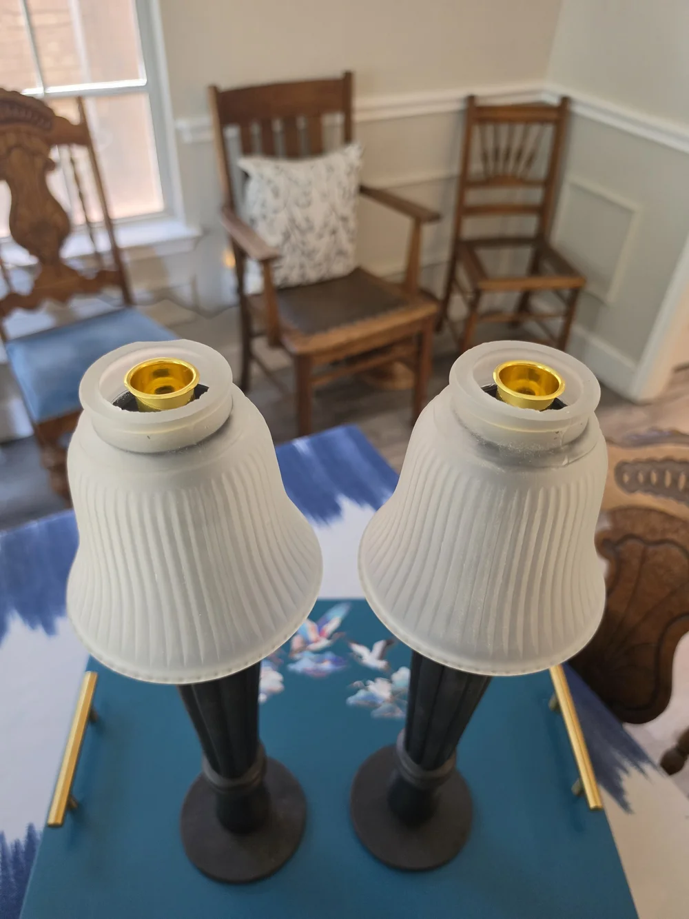 Pair Tall Black Wood Candlestick Holders White Ribbed Glass Hurricane Shades